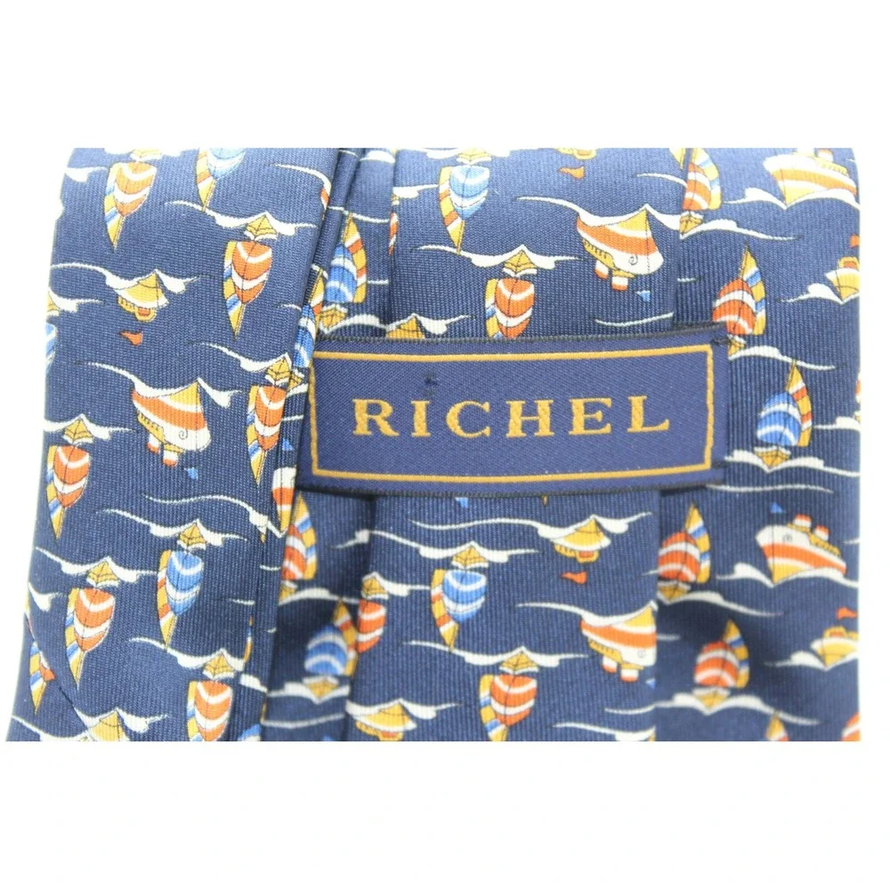Richel Mens Silk Tie Navy Blue Nautical Sailboat Cruise Ship Hand Made Spain